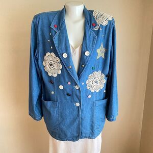 VTG Ashleigh Morgan 90s M Denim Cotton Blazer Retro Bedazzled Flair Star Buttons